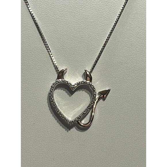 Sterling Silver 1/20 Ct Diamond Heart Devil Horns 14k Rose Gold Pendant Necklace - Picture 2 of 10
